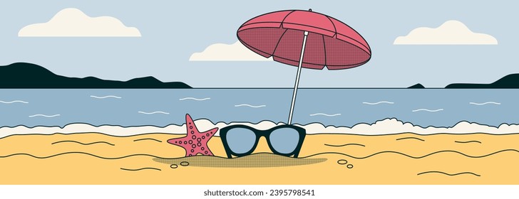 Sunglasses on the beach. Summer Eye Care concept. Sunglasses, sun, sea, sand, sun umbrella. Vector illustration in flat style. Horizontal minimalistic banner. Header for the website.
