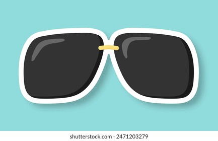 Sunglasses on a blue background. A sticker with black glasses. Retro hippie style. Vector illustration.