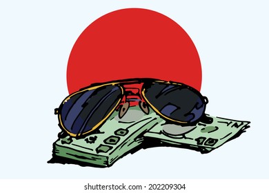 Sunglasses on a pack of money. Japanese flag. Vector illustration.