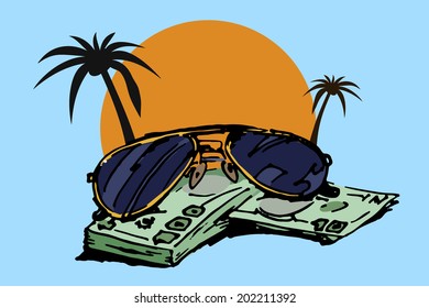 Sunglasses on a pack of money. Sunrise background. Vector illustration.