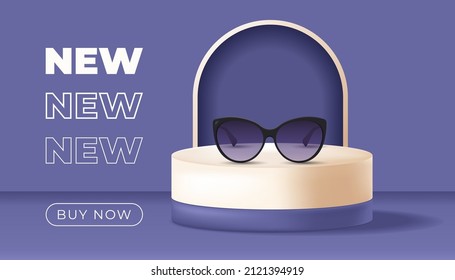 Sunglasses on podium. New collection, summer goods concept. Vector illustration in 3D realistic style