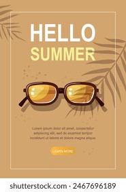 Sunglasses on sandy beach, summer vacation. 