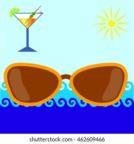 sunglasses on sea background, the sun and a glass of martini