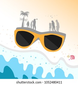 Sunglasses on sea beach with silhouette people playing volley ball at evening relaxing time abstract background vector illustration idea