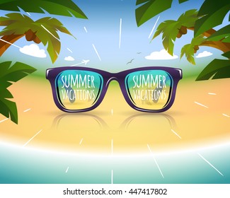 Sunglasses on summer sea coast with palms