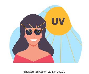 Sunglasses on woman protect her eyes from ultraviolet, UVA UVB light. Happy woman in black glasses with uv protection. Polarized lenses. Cartoon flat style isolated vector concept