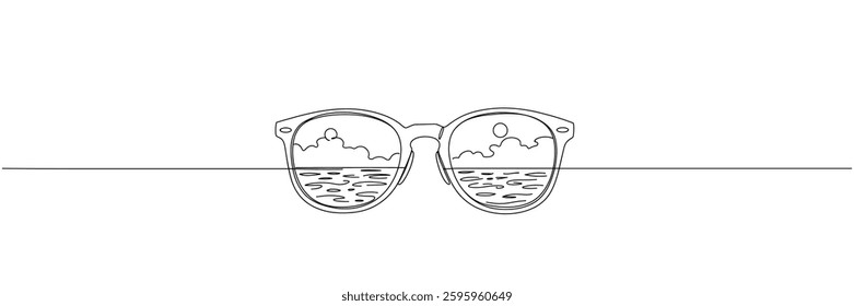 Sunglasses one line drawing of minimalist vector icon with black and white background.