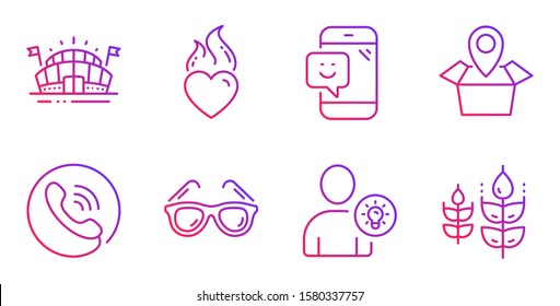Lentes de sol, Ubicación del paquete y iconos de la línea de llama del corazón. Ideas del usuario, Señales de sonrisa y centro de llamadas. Arena deportiva, símbolos libres Gluten. Gafas de viaje, Seguimiento de entrega. Conjunto de negocios. Vector