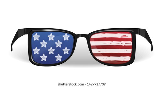 Sunglasses painted in the colors of the US flag. USA flag on sunglasses accessory. United States of America glasses. Glasses with a picture of the American flag. Vector illustration