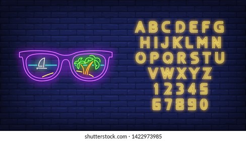Sunglasses with palm trees and ship reflection neon sign. Tourism, vacation, travel, summer design. Night bright neon sign, colorful billboard, light banner. Vector illustration in neon style.