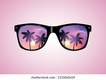 Sunglasses with Palms Reflection Vector illustration Background. Pink sunset