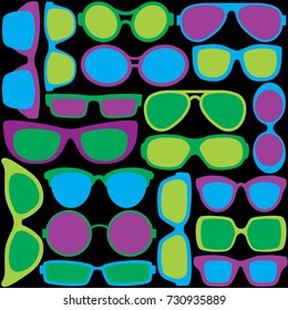 Sunglasses pattern of popular frame styles in cool colors.