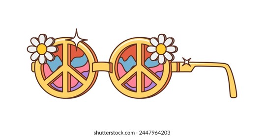 Gafas de sol con signos de paz y flores de manzanilla, símbolo hippie groovy retro de dibujos animados. Vidrios hippies de Vector aislados que exudan un surco vibrante, difundiendo un mensaje de amor, armonía y positividad