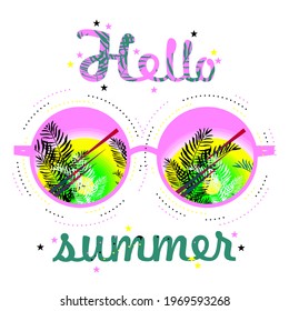 Sunglasses with pink lenses and palm trees reflection. Isolate on a white background. Vector.