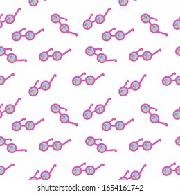 Lentes de sol, gafas de sol rosas que reflejan la playa y las palmeras. Patrón geométrico sin fisuras, vector sobre fondo blanco. Para imprimir en textiles, pantalones en T, envoltura de regalo y productos de verano