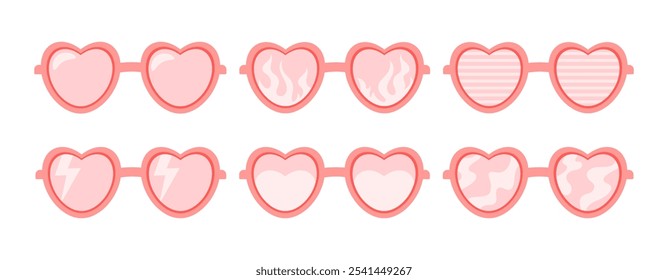 Sunglasses pink, retro, groove, icon set, vector stickers. Fashion glasses, glamour spectacles, crazy party eyewear, sunglasses with pattern, In heart shape; lightning, waves, strokes. EPS 10