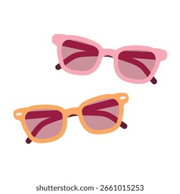 Gafas de sol con marcos rosas y amarillos sobre fondo blanco