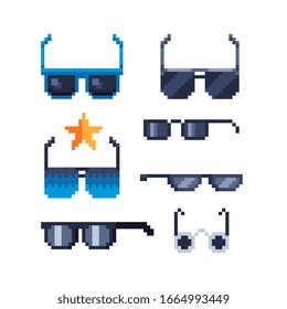 Sunglasses pixel art icons set, isolated vector illustration. Game assets 8-bit sprite. Design stickers, logo, mobile app.