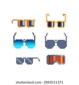 Sunglasses pixel art style icons set element design app, web, sticker. Isolated abstract vector illustration. Video game sprite. 