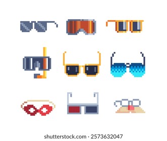 Sunglasses pixel art style icons set element design app, web, sticker. Isolated abstract vector illustration. Video game sprite. 