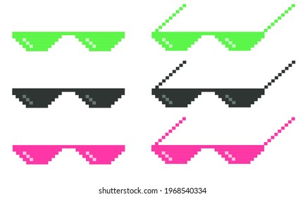 Sunglasses pixel icon black on white background. Pixel glasses sign. Thug life meme glasses. Flat style.