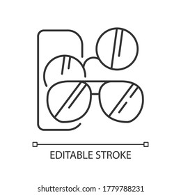 Sunglasses pixel perfect linear icon. Male and female eyewear. Men and women accessories. Thin line customizable illustration. Contour symbol. Vector isolated outline drawing. Editable stroke
