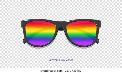 Sonnenbrille mit Regenbogenglas. Schwarze Sonnenbrille mit Regenbogenglas einzeln auf kariertem Hintergrund. Vektorgrafik mit dekorativem Element für Pride Month Design.