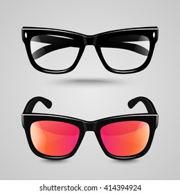 Sunglasses and reading eyeglasses with black color frame and  transparent lens in different shade.