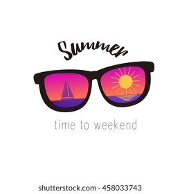 sunglasses reflected sunset sea, vector graphic art illustration isolated on white background.