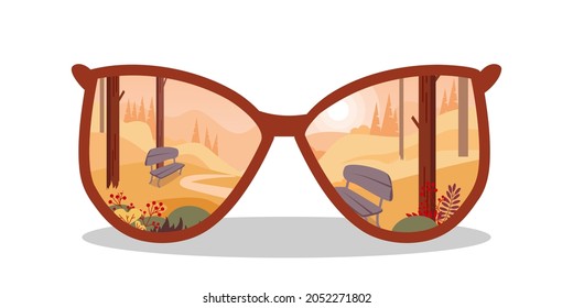 Sunglasses reflecting autumn landscape. Autumn park in warm colors. Vector illustration.