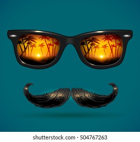 Sunglasses reflecting tropical sunset with palm trees landscape and mustaches - vector illustration.