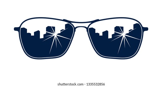 Sunglasses reflecting urban cityscape vector, stylish eyeglasses fashion design elements.