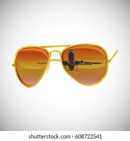 sunglasses with reflection of airplane, vector illustration