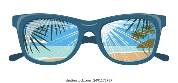 Sunglasses with a reflection of the beach scene. Beach glasses on the front with a reflection of the horizon, sea and palm trees. Illustrated vector clipart.  