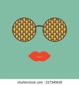 Sunglasses with reflection of light bulb and red lips. Vector illustration. Hipster theme. Print for your T-shirts. Great idea for design. Woman's face
