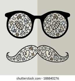 Sunglasses with reflection and mustache for hipster. 