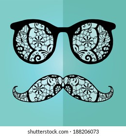 Sunglasses with reflection and mustache for hipster. Vector illustration of accessory retro eyeglasses isolated, print for t-shirt, hand drawn abstract artwork, lace pattern