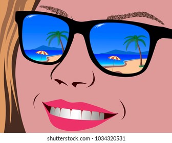 Sunglasses reflection on the beach, happy face, vector illustration.