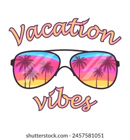 Sunglasses with reflection of palm trees on colorful tropical sky, vector illustration isolated on white background, t-shirt print, sticker, poster and other fun summer design.