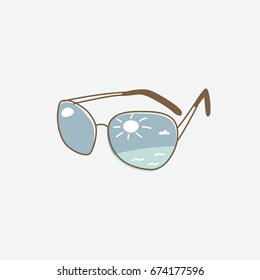 Sunglasses with reflection of summer landscape. Isolated on gray background. Sunglasses icon picture. Vector Illustration 