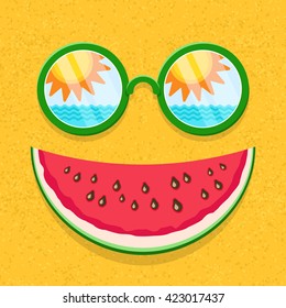  Sunglasses with reflection of sun, sky, sea waves and watermelon slice as smile on sand texture background. Funny cartoon summer vector icon. Summer smile icon. Summer smile element.