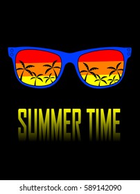 Sunglasses with reflection of sunset scene with palm silhouettes.Vector cartoon illustration. Concept summer holidays.