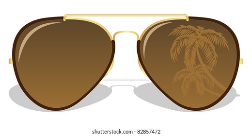 Sunglasses with the reflection of a tropical island. Vector illustration