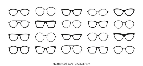 Sunglasses rim. Fashion glasses frame different shapes, black simple eyeglass silhouettes collection, eyesight care concept. Vector isolated set. Lens for vision, optical accessory collection