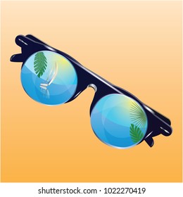 Sunglasses, round with mirror reflection of blue sea, yacht, palm leaves, sun, - isolated on yellow background - vector art illustration