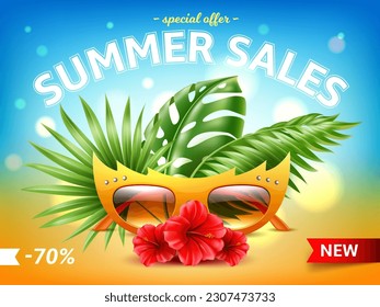 Sunglasses sale summer poster. Realistic beach glasses in funny frame, palm leaves, bright hibiscus flowers on sand, tropical 3d elements web banner design, special offer utter vector concept