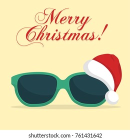 Sunglasses with Santa Klaus Hat. Christmas background template. New Year on the beach. Vector