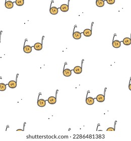 Sunglasses seamless doodle pattern with dots. Yellow eyeglasses with the word love on them pattern - vector minimal sunglasses or glasses seamless texture or background