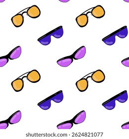 Sunglasses Seamless doodle pattern in a playful style. For summer-themed designs, optical shops branding, product packaging, fabric prints, background elements
