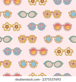 Sunglasses seamless pattern in retro groovy hippie style. Vector illustration 70s 80s